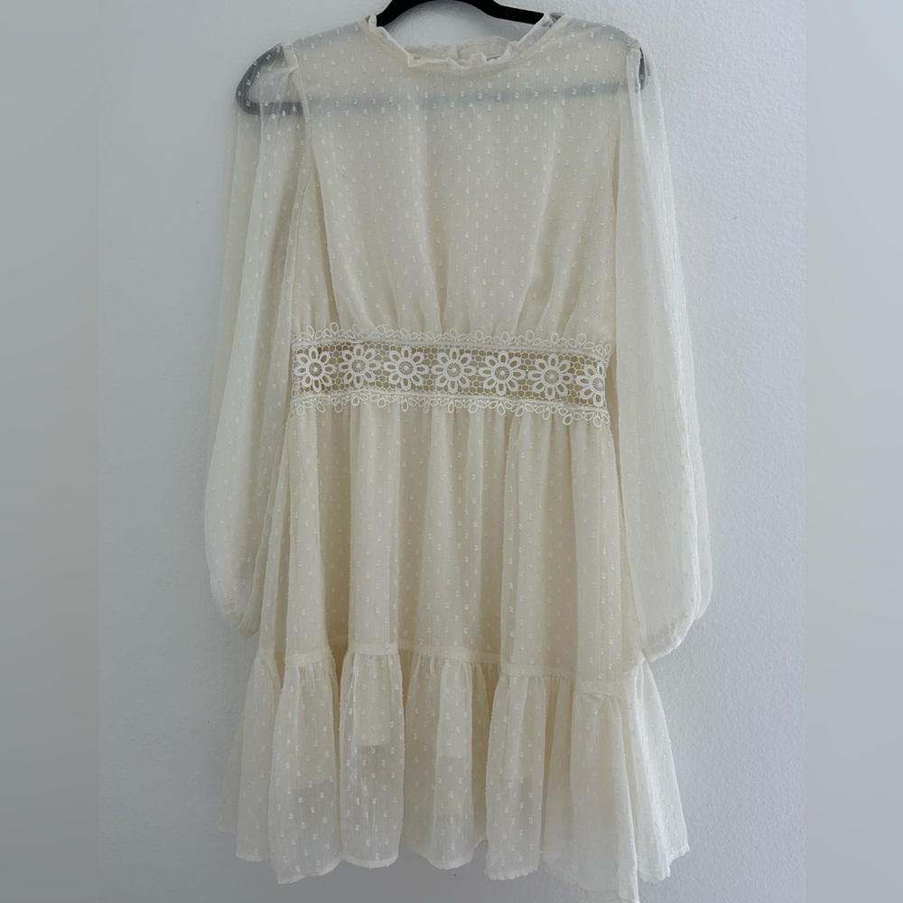 Elegant Sheer Polka Dot Dress with Lace Waist Detail